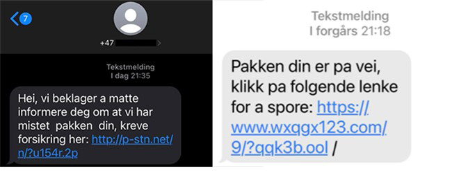 Eksempel på falske SMS pakkemeldinger